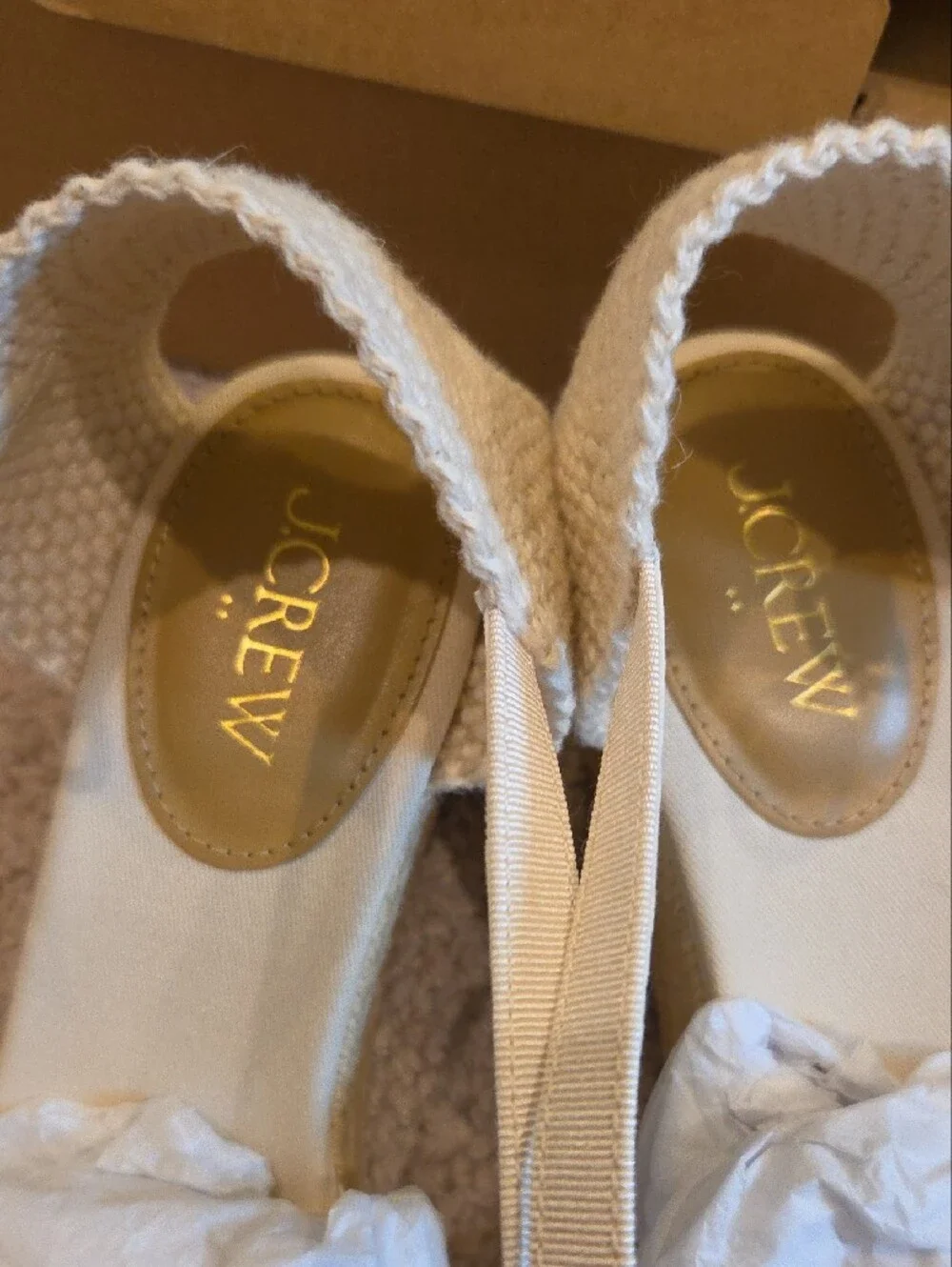 J. Crew Cream Woven Espadrille Wedge Sandals with Ankle Strap and Gold Buckle